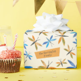 Blaue Orangendrachenfliegen Retro-HandGezeichnet L Geschenkpapier