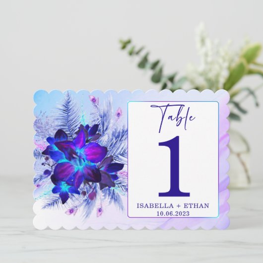 Blaue Orchid-Hochzeitsvorlage für die Tischnummer (Stehend Vorderseite)