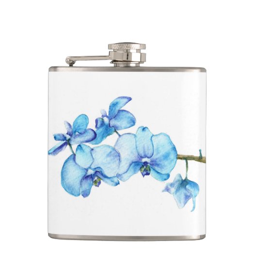 Blaue Orchideen-botanische Kunst Flachmann (Vorderseite)