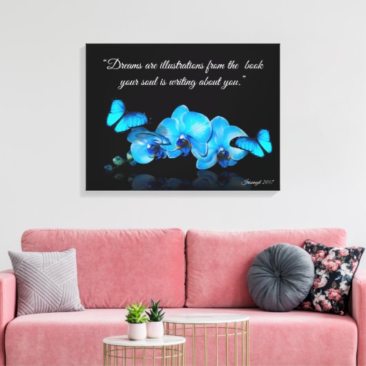 Blaue Orchideen und Schmetterlinge mit Zitat Leinwanddruck (Insitu (Wohnzimmer))