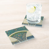 Blaue Orientalische Designs mit lächelnden Gesicht Glasuntersetzer (Schrägansicht)