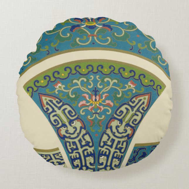 Blaue Orientalische Designs mit lächelnden Gesicht Rundes Kissen (Vorderseite)