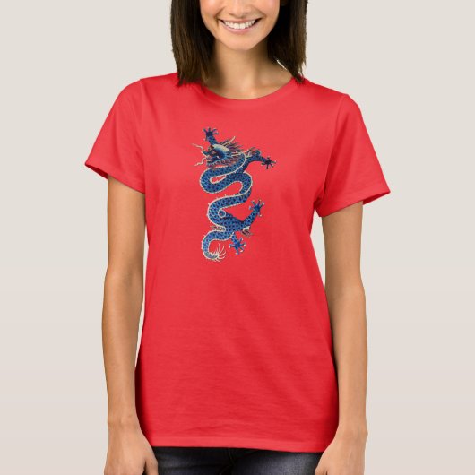 Blaue orientalische Dracheantike Chinesestickerei T-Shirt (Vorderseite)