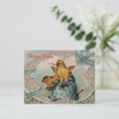 Blaue Ostereier und Vintage Hühner Postkarte (Stehend Vorderseite)