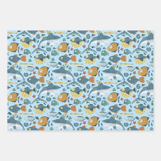 Blaue Ozeane Meereshai Fische Nahtlose Muster Geschenkpapier Set (Vorderseite 3)