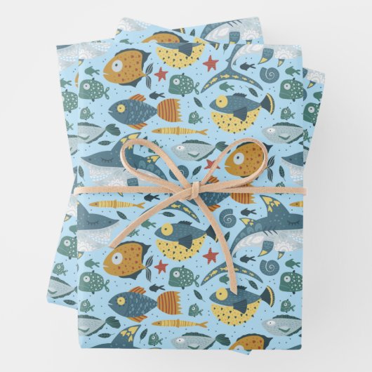 Blaue Ozeane Meereshai Fische Nahtlose Muster Geschenkpapier Set (Beispiel)
