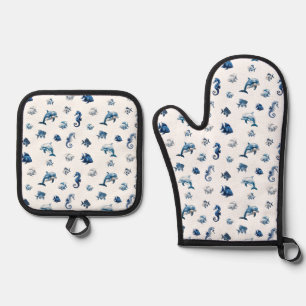 Blaue Ozeankreaturen von Wedgewood! Ofenhandschuh & Topflappen-Set