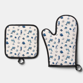 Blaue Ozeankreaturen von Wedgewood! Ofenhandschuh & Topflappen-Set
