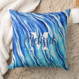 Blaue Ozeanwelle Mit Monogramm Kissen