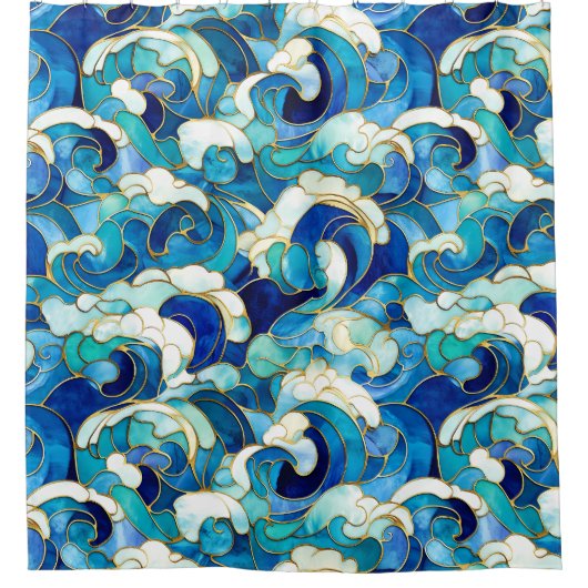 Blaue Ozeanwellen Gestaltete Glasmosaike Duschvorhang (Vorderseite)