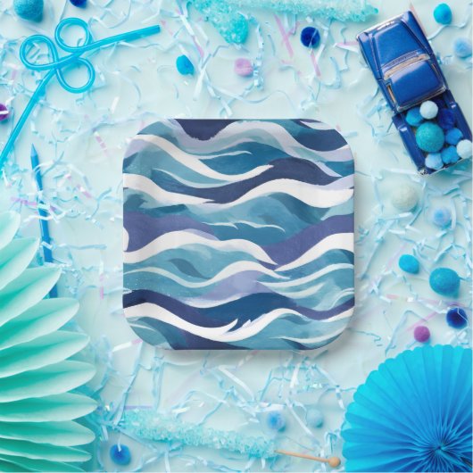 Blaue Ozeanwellen | Moderne, einfache Wasserfarbe Pappteller (Party)