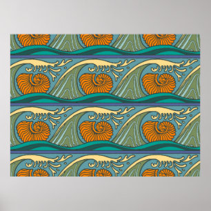 Blaue Ozeanwellen Nautilus-Muschel Muster Nouveau Poster