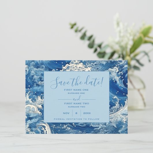 Blaue Ozeanwellen Sommer Save The Date (Stehend Vorderseite)
