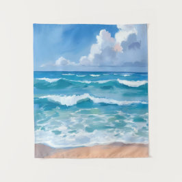 Blaue Ozeanwellen | Strand Meer Aquarell  Wandteppich