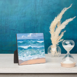 Blaue Ozeanwellen   Strand Meer Aquarellkunst Fotoplatte