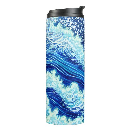 Blaue Ozeanwellen Thermosbecher (Nach links gedreht)