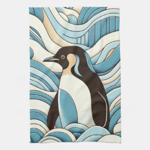 Blaue Ozeanwellen und Niedlicher Pinguin Geschirrtuch