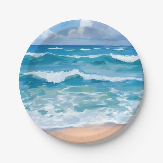 Blaue Ozeanwellen | Wasserfarbe Meer Strand  Pappteller (Vorderseite)