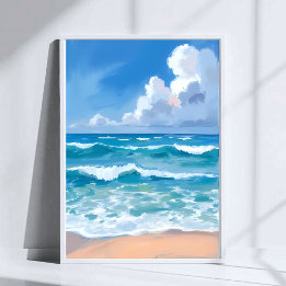 Blaue Ozeanwellen | Wasserfarbe Strand Meer Poster