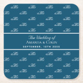 Blaue Paare mit Monogramm, Hochzeit Rechteckiger Pappuntersetzer (Vorderseite)