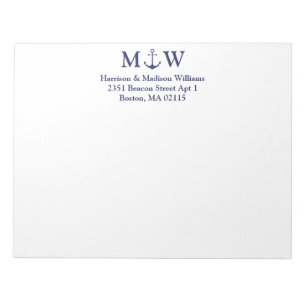 Blaue Paare-Monogramm-Initialen für Nautikanker Notizblock