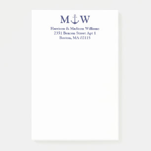 Blaue Paare-Monogramm-Initialen für Nautikanker Post-it Klebezettel