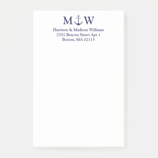 Blaue Paare-Monogramm-Initialen für Nautikanker Post-it Klebezettel (Vorderseite)