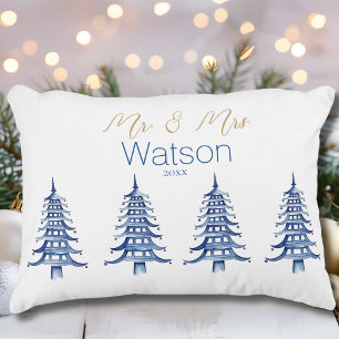Blaue Pagode Weihnachtsbaum Herr und Frau Dekokissen