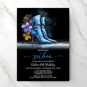 Blaue Pailletten-Stiefel 16. Geburtstagsfeier Einladung
