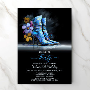 Blaue Pailletten-Stiefel 30. Geburtstagsfeier Einladung