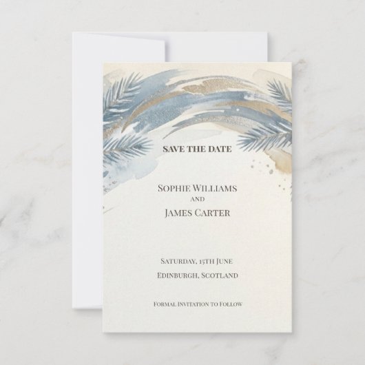 Blaue Palmblatt-Save-the-Date-Karte Save The Date (Vorderseite)