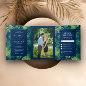 Blaue Palme Blätter Tropische Hochzeiten Dreifach Gefaltete Einladung