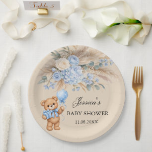 Blaue Pampas Teddy Bär Rosen Babyparty Pappteller