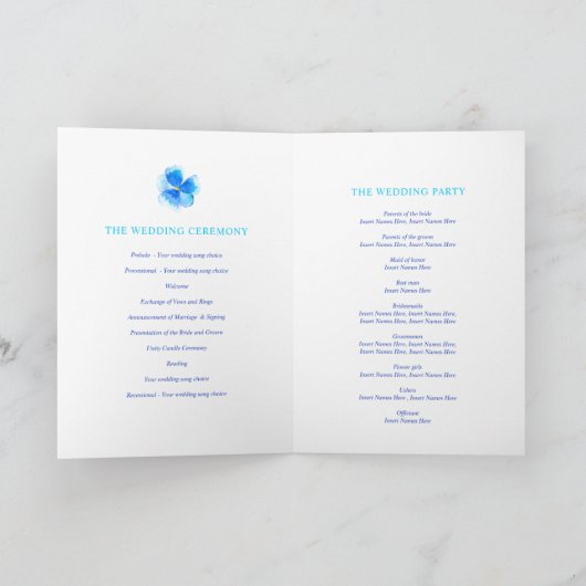 Blaue Pansy Aquarellkunst Hochzeitsfeier Programm (Innenseite)