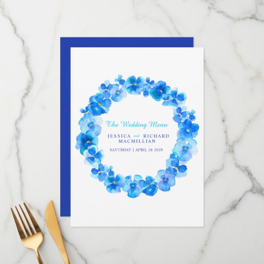 Blaue Pansy Art Blume Kranz Hochzeitsmenü Menükarte (Vorderseite/Rückseite Beispiel)