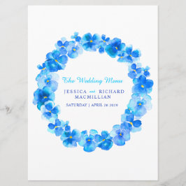 Blaue Pansy Art Blume Kranz Hochzeitsmenü Menükarte