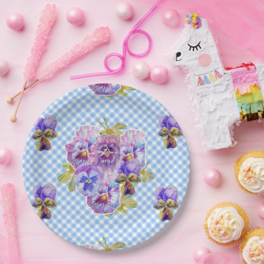 Blaue Pansy Karo Blume Musterpapier-Party-Plättche Pappteller (Party)