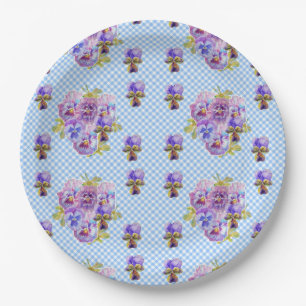 Blaue Pansy-Karo-Blumen-Muster-Papier-Party-Teller Pappteller