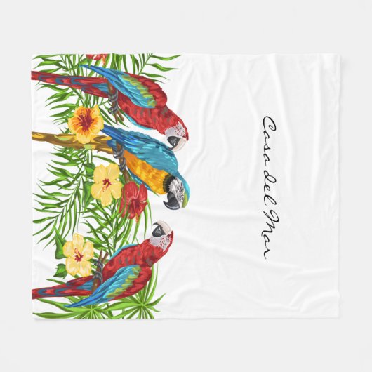 Blaue Papageien Blätter Name des Sommerhauses Fleecedecke (Vorderseite (Horizontal))