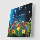 Blaue Papageienvögel Name des Sommerhauses Quadratische Wanduhr (Winkel)