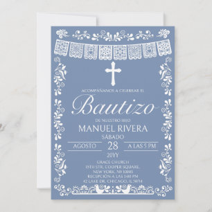 Blaue Papel Picado spanische Bautizo-Einladung Einladung