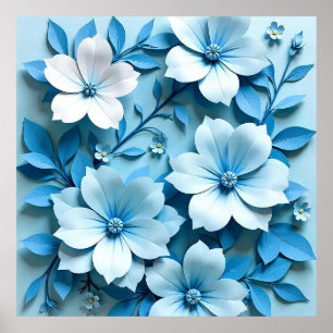 Blaue Papier-Blumen-Origami-Kunst Moderne Eleganz Poster