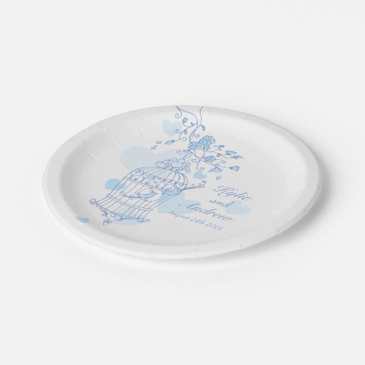 Blaue Papiertafel für Hochzeitsvögel Pappteller (Schrägansicht)