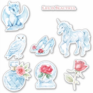 Blaue Parfümflasche Rose Eule Drache Einhorn Aufkleber