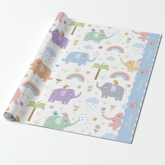 Blaue Pastel Elephant Muster für Little Boy Party Geschenkpapier (Ungerollt)