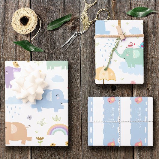 Blaue Pastel Elephant Muster für Little Boy Party Geschenkpapier Set