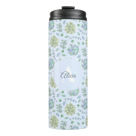 Blaue Pastel Wasserfarbe Sukkulturen Personalisier Thermosbecher (Vorderseite)