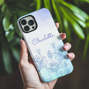 Blaue Pastell-Blumen Namens Botanische Linienkunst iPhone 16 Pro Max Hülle