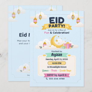 Blaue Pastell-Himmel-Kinder-Eid-Party-Mond & Later Einladung