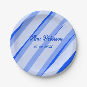 Blaue Pastell-Linien mit Namen Datum Boho Retro-Mu Pappteller